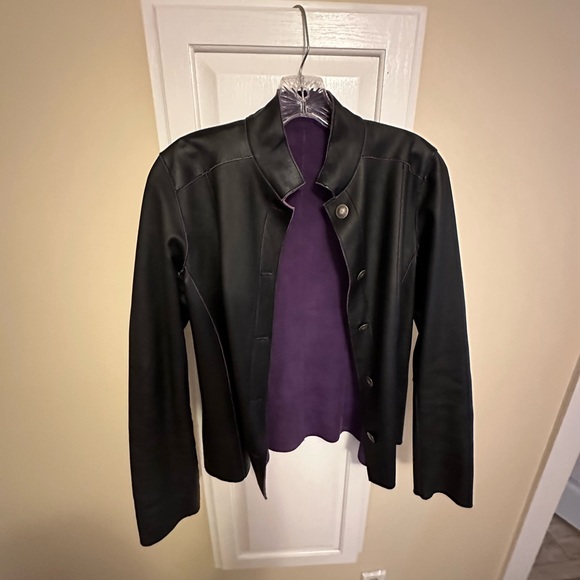 Chico's Genuine Black Leather Jacket Button Down Reversible Purple Size: SM - Picture 4 of 7